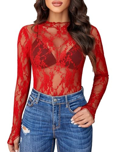 Avidlove Women's Mesh Top Long Sleeve Mock Neck Sheer Blouse See Through Floral Lace Tops Red Large | Amazon (US)