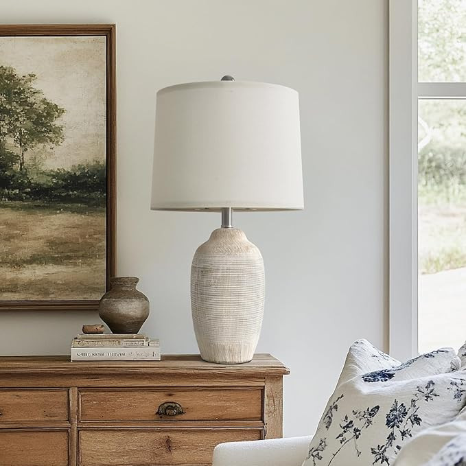 24.5" Vintage Ceramic Table Lamp - Single Farmhouse Rustic Bedside Lamp with Natural Textured Fin... | Amazon (US)