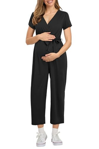 OUGES Womens Maternity Clothes Black Jumpsuit 2024 Summer Short Sleeve Wrap V Neck Wide Leg Rompers with Pockets(Black,M) | Amazon (US)