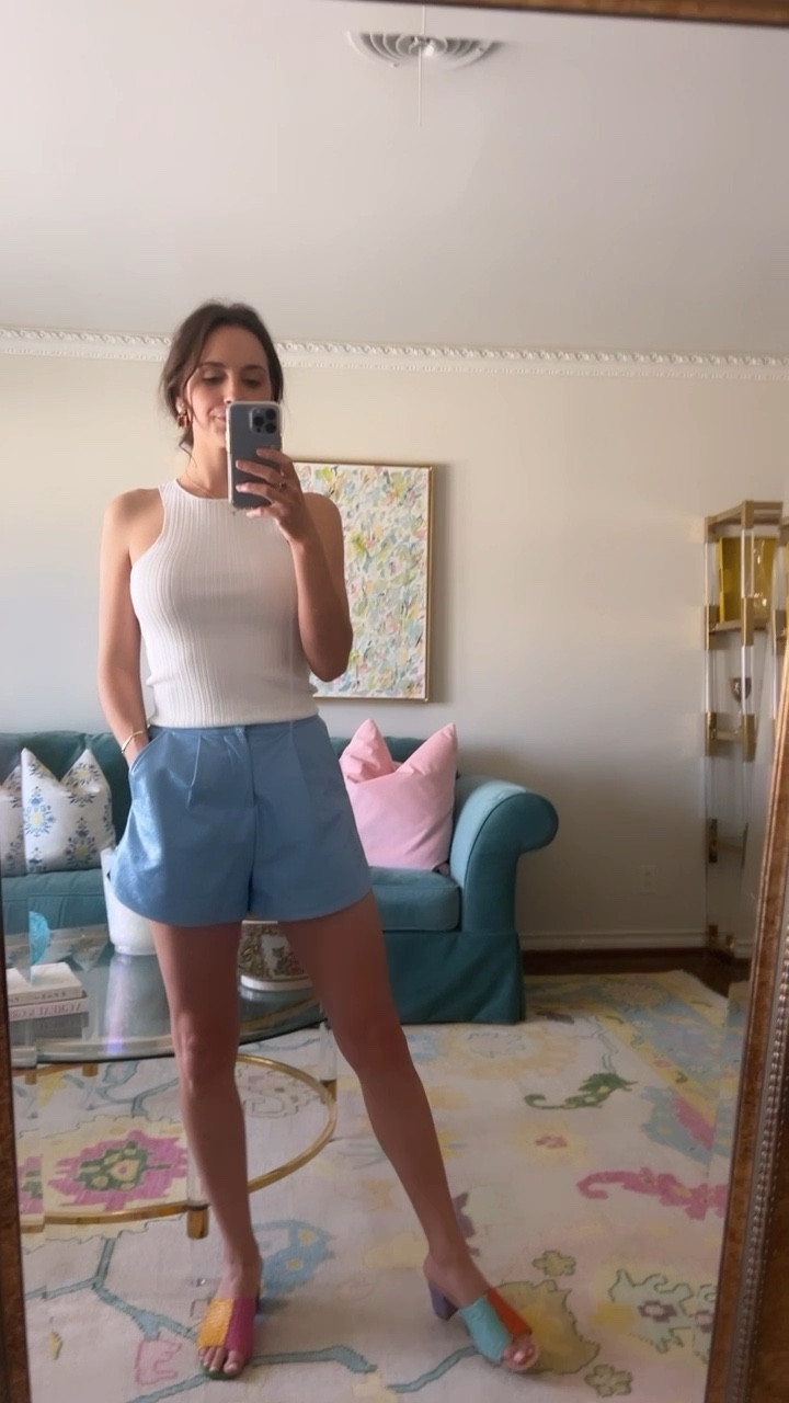 Baby blue leather shorts 💙 Come in all different colors! Linked exact shirt and earrings too! 

#LTKSeasonal #LTKunder100 #LTKFind