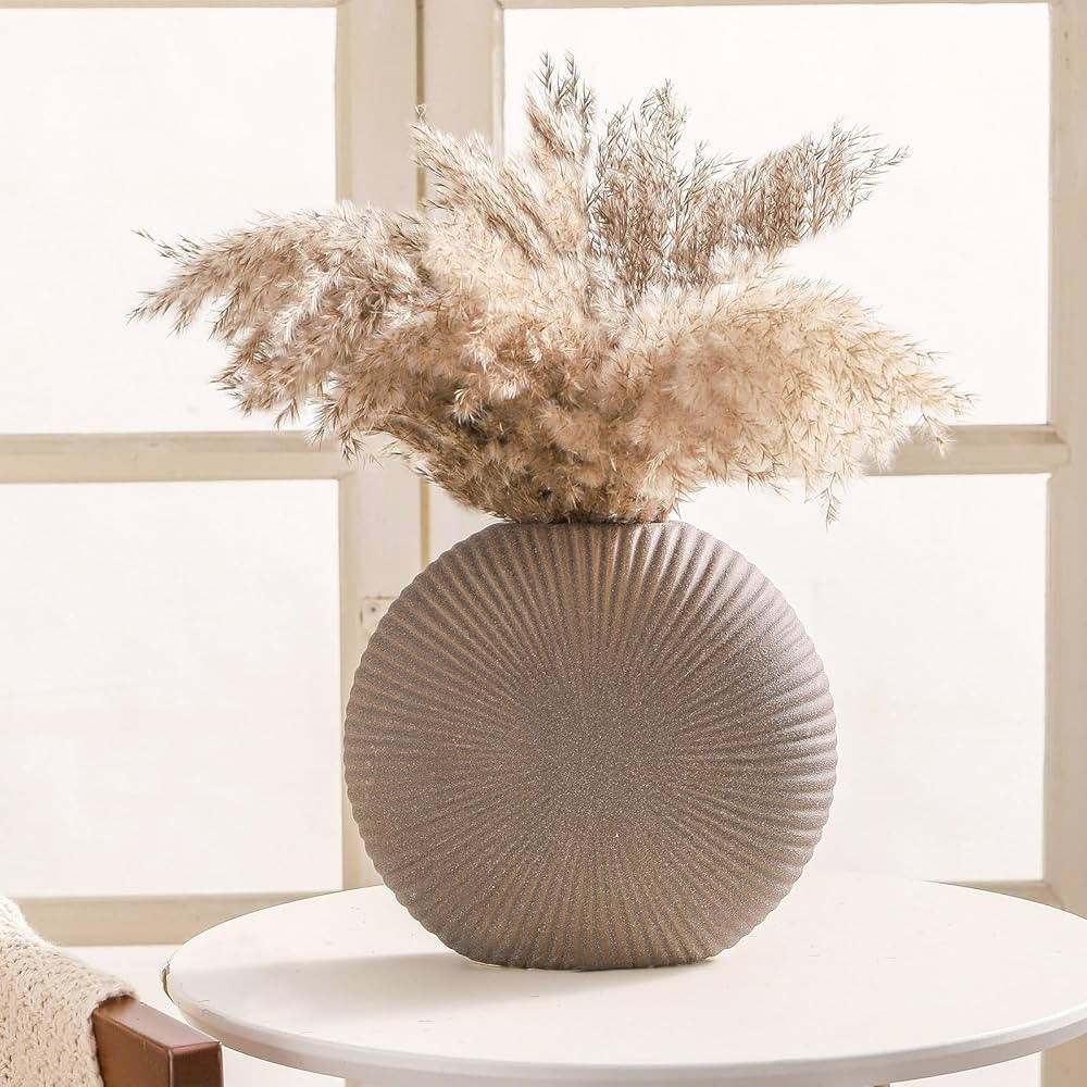 Mitt&Ditt Round Ceramic Vase, 8.3 inch Fluted Decorative Rustic Vases, Modern Ribbed Flower Vase ... | Amazon (US)