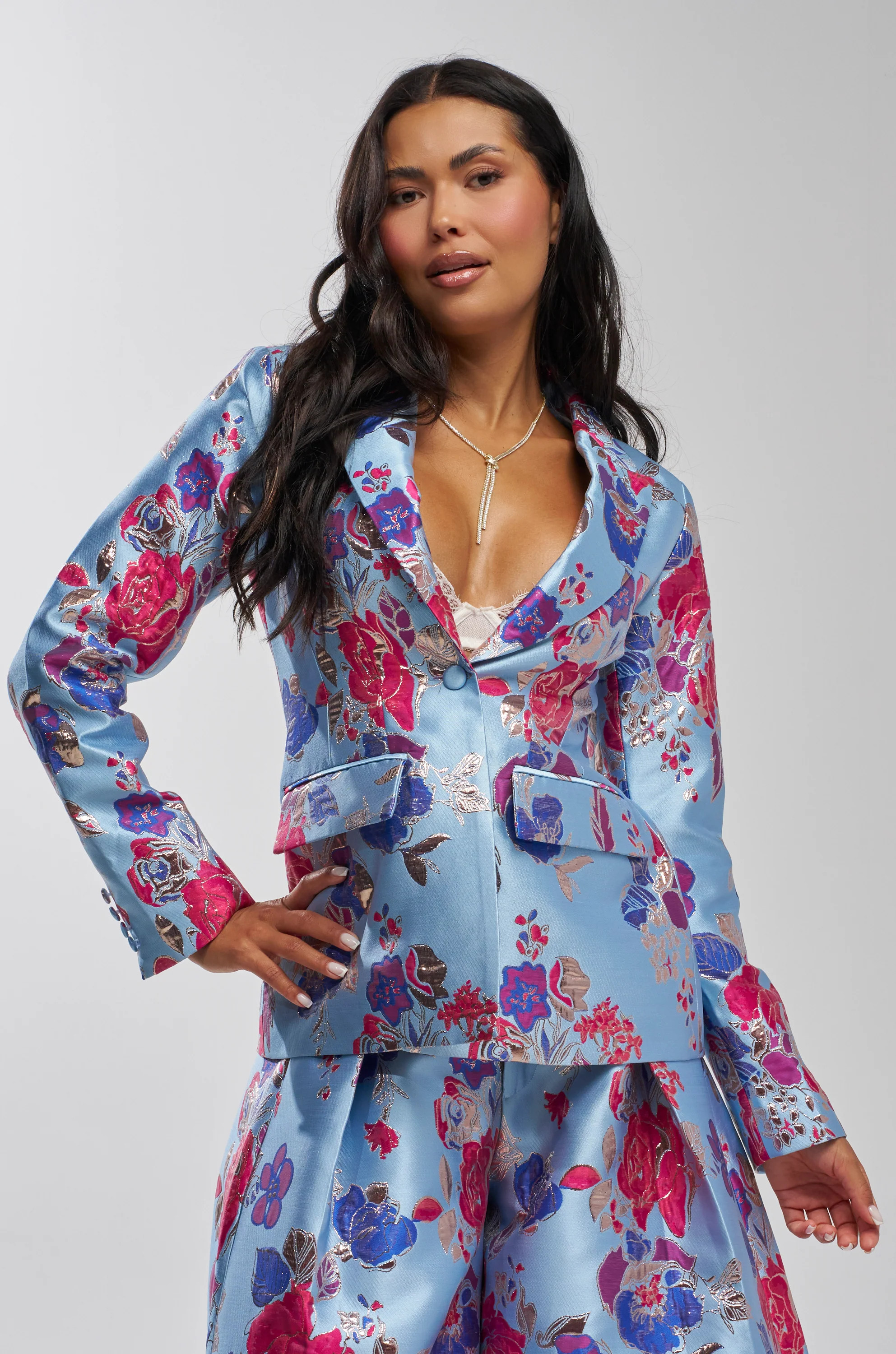 BUY MYSELF FLOWERS BROCADE BLAZER IN BLUE | AKIRA