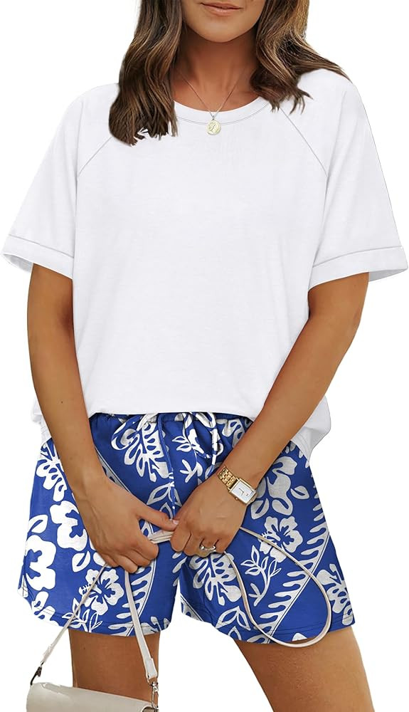 WIHOLL Two Piece Short Sets for Women Casual Summer Outfits Short Sleeve Crew Neck Lounge Matchin... | Amazon (US)