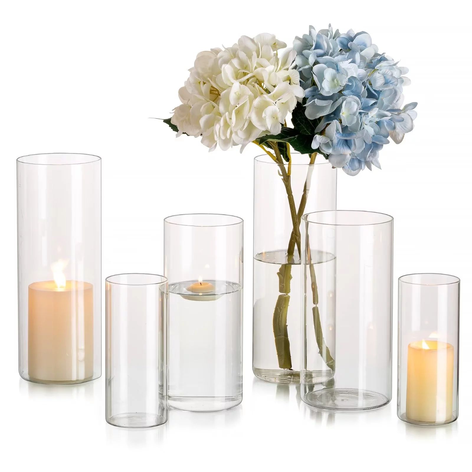 Glasseam Clear Glass Cylinder Hurricane Candle Holder Vases Set of 6 (6"+7.8"+ 10"High) | Walmart (US)