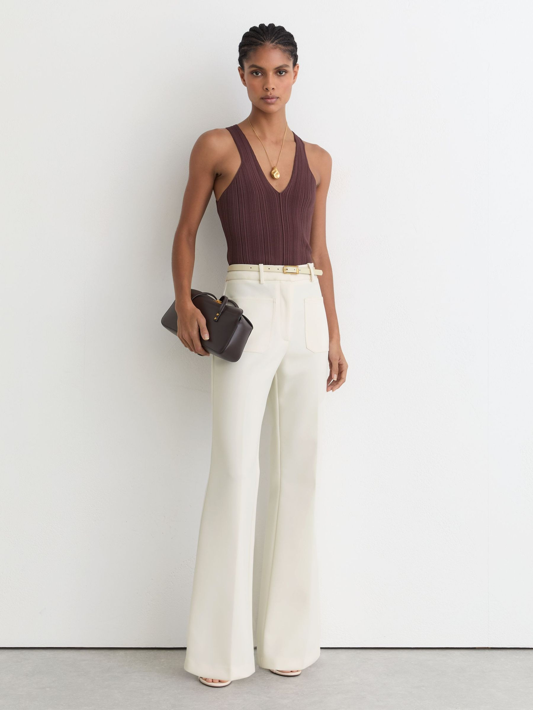 Twill Patch-Pocket Flared Trousers in Cream | Reiss UK