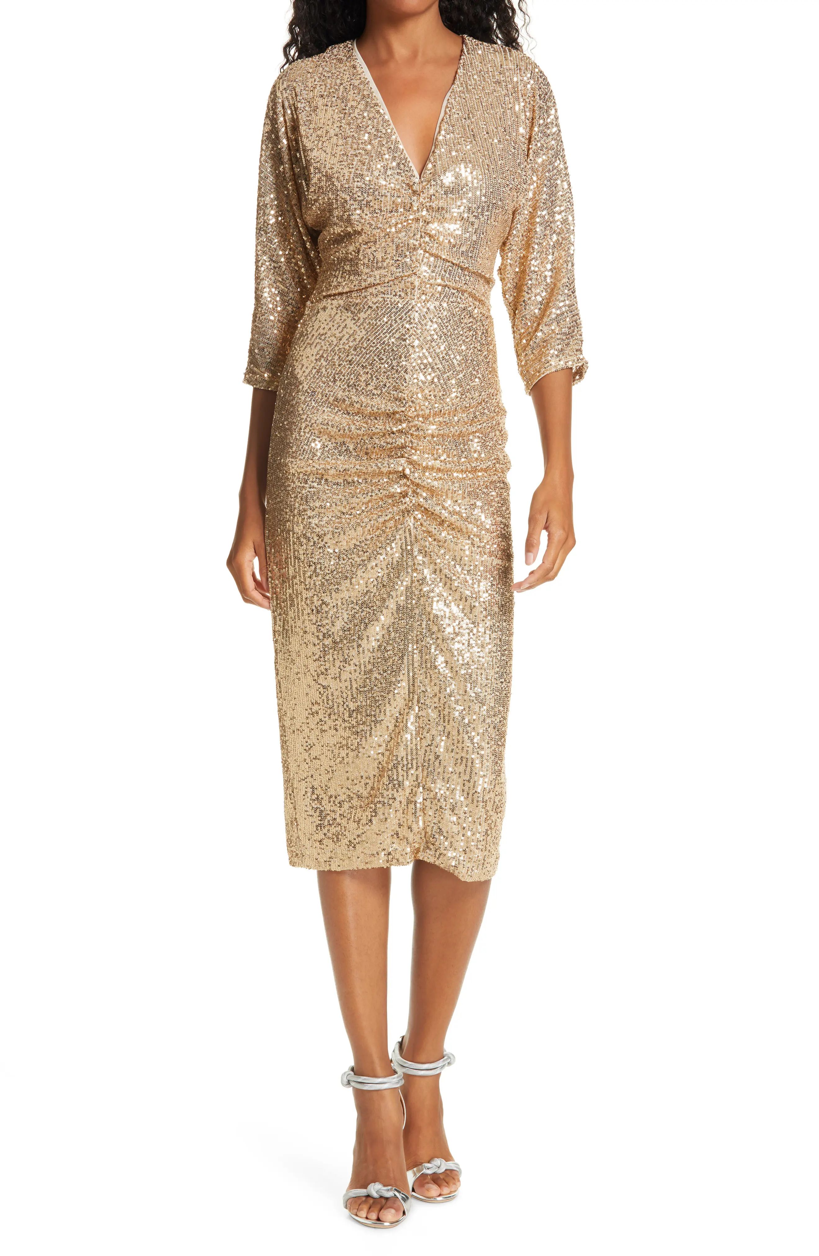 Women's Iorane Ruched Front V-Neck Sequin Midi Dress, Size X-Large - Yellow | Nordstrom