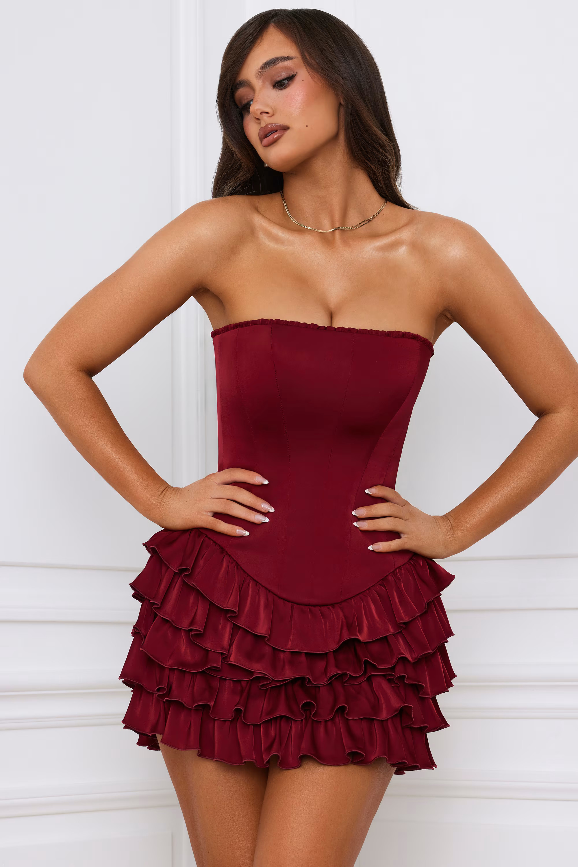 Bandeau Ruffled Tiered Corset Mini Dress in Berry Red | Oh Polly