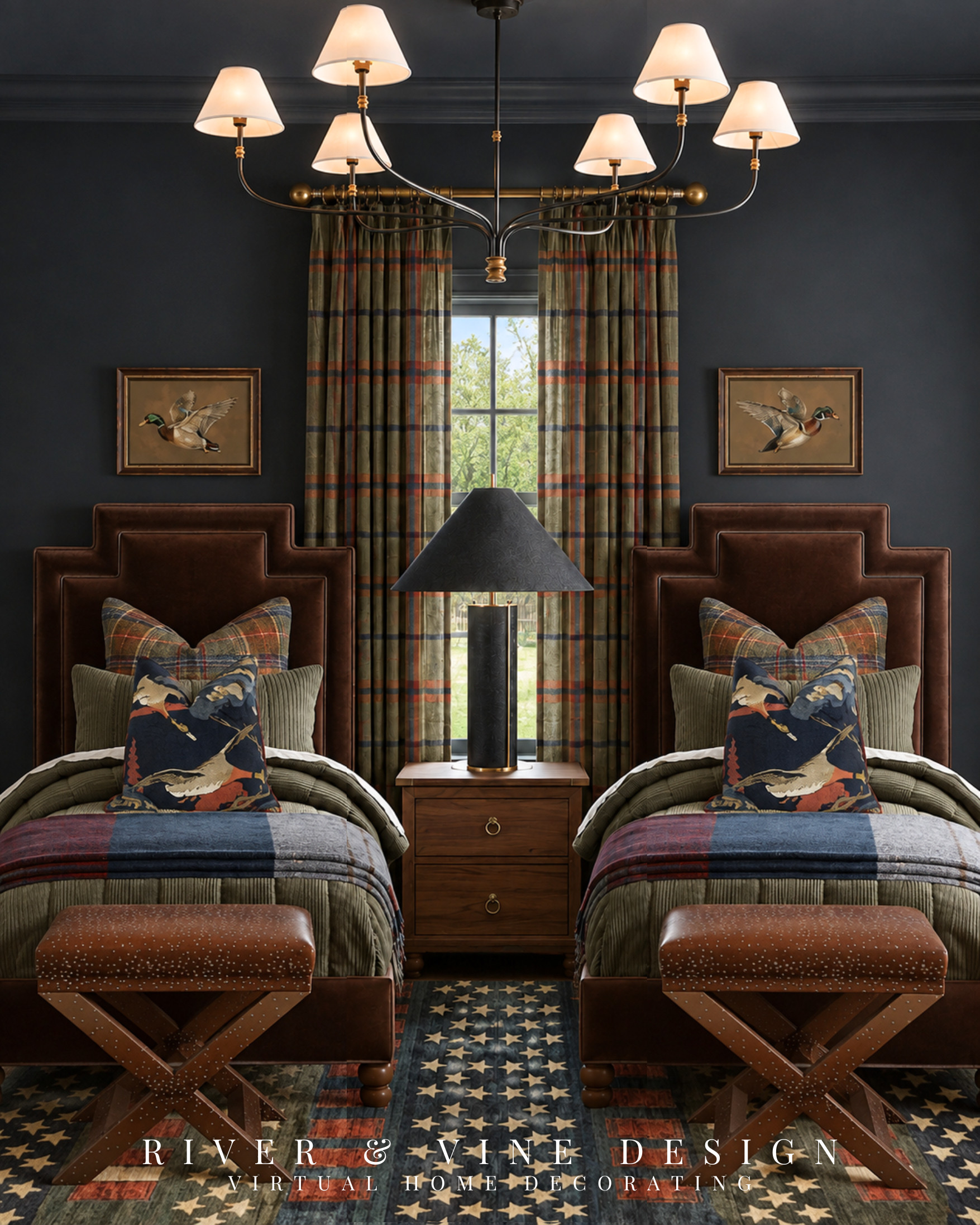 The goal isn’t to make every pattern match—it’s to make every pattern have a reason to be there.

When mixing plaid, stars, birds and stripes, choose one “translator” fabric that contains most of the room’s colors. Here, the plaid curtains connect the navy walls, rust accents, olive bedding and warm leather, allowing every other pattern to feel intentional instead of random.

That’s the difference between a room that feels busy and one that feels richly collected: the patterns are different, but the palette keeps repeating.

Would you be brave enough to mix this many patterns in one bedroom?

heritage inspired bedroom, traditional twin bedroom ideas, boys shared bedroom decor, pattern mixing interior design, plaid bedroom curtains, leather twin bed, navy bedroom inspiration, collected traditional decor

I may receive a commission from purchases made through my links.

#LTKHome