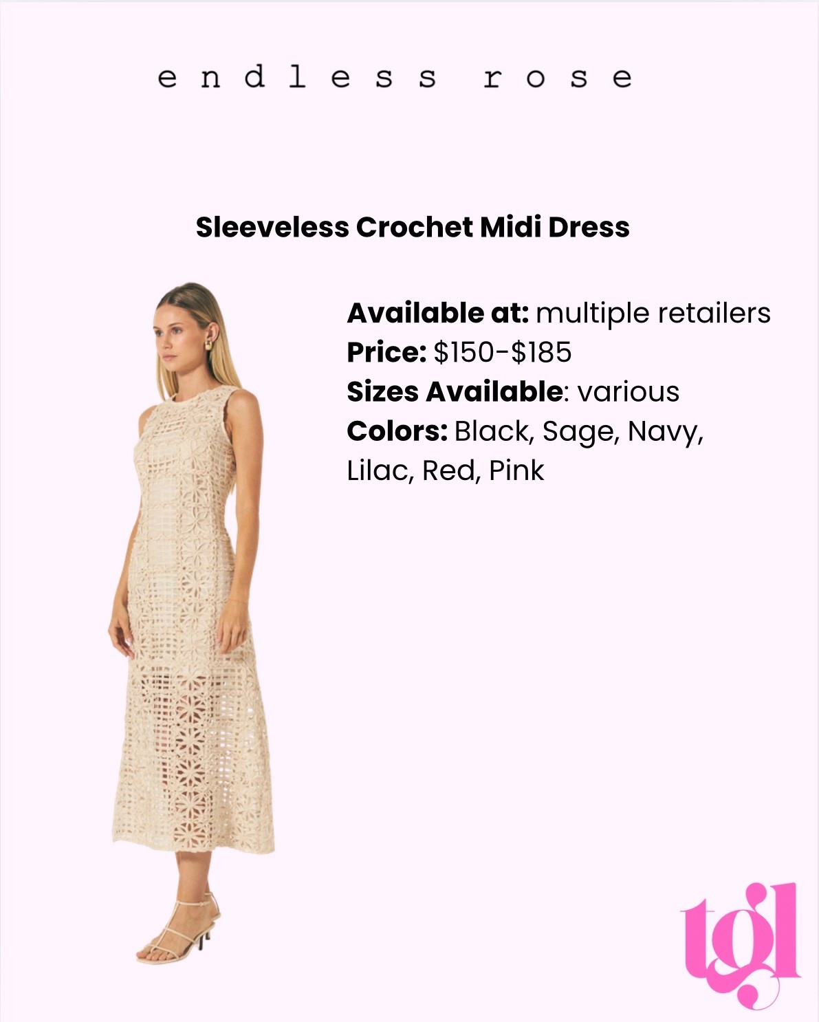Beautiful dress from Endless Rose, available at a few different retailers in different colors and sizes. 

#endlessrose #crochetmididress #spring2026