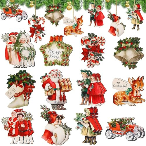 24PCS Christmas Ornaments Vintage Christmas Hanging Wood Decorations for Tree Xmas Santa Claus Reindeer Bell Slices Decor Hanging Tags Cane for Xmas Home Party | Amazon (US)