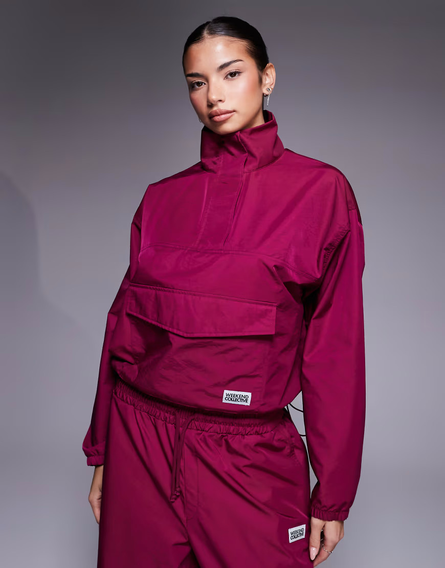 Weekend Collective nylon funnel neck windbreaker in burgundy (Part of a set)-Red | ASOS (Global)