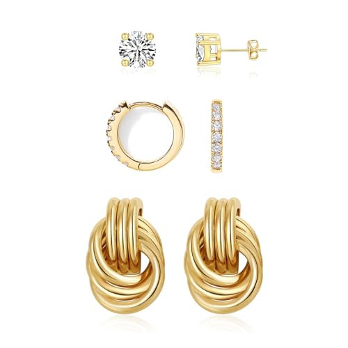 3Pairs Gold Hoop Earrings Set for Women Trendy Chunky Huggie Dainty Earring Jewelry for Women Teens (Gold Knot - 3 Pairs) | Amazon (US)