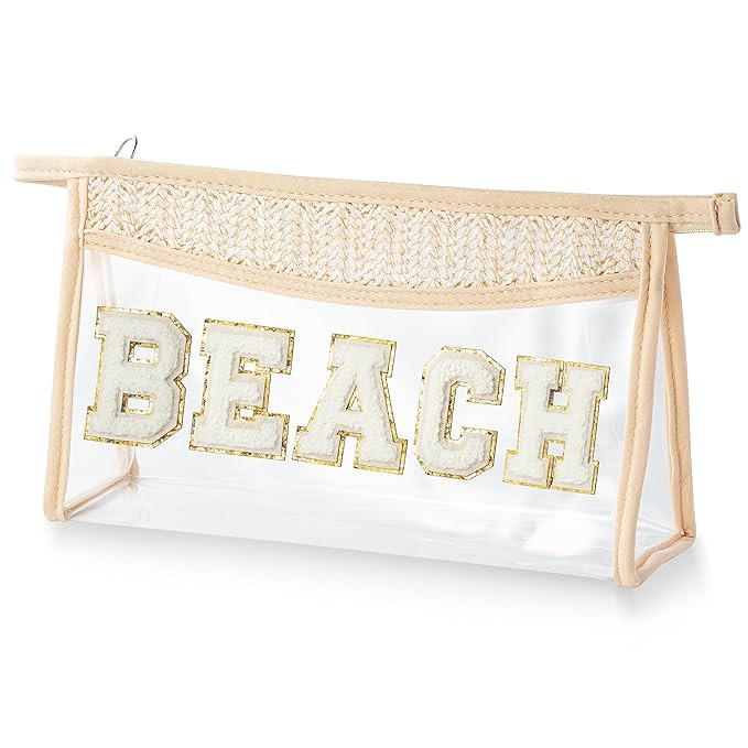 Belanttega Boho Patch GLAM Makeup Bag Clear Toiletry Bag Varsity Letter Travel Cosmetic Bag beige... | Amazon (US)