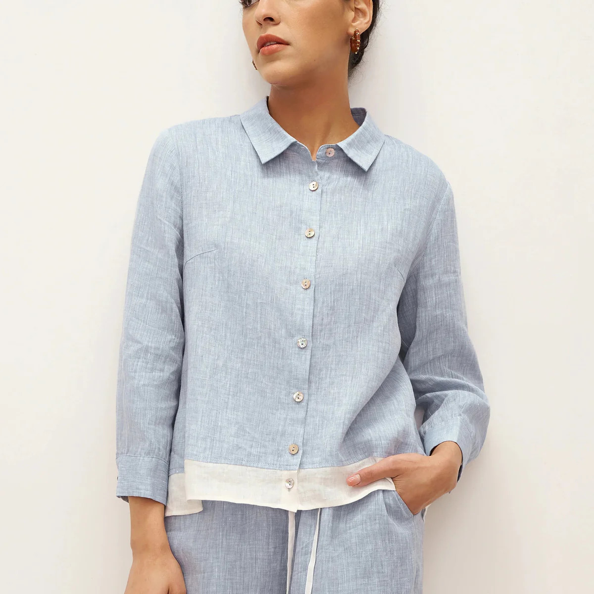100% Linen Buttoned Closure Color-Blocked Shirt JANICE | LINTICO