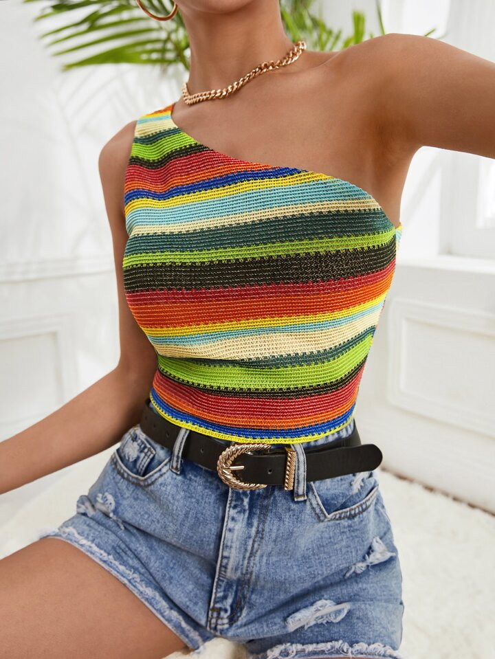 SHEIN VCAY Block Striped One Shoulder Top | SHEIN
