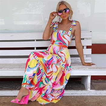 Women's Bohemian Square Neck Pleated Flowing Long Skirt with Colorful Lace Up Mini Beach Skirt | Amazon (US)