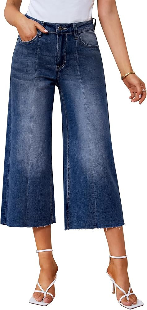 GRAPENT Jean Capris for Women Wide Leg Jeans High Waisted Seamed Front Raw Hem Denim Capri Pants ... | Amazon (US)