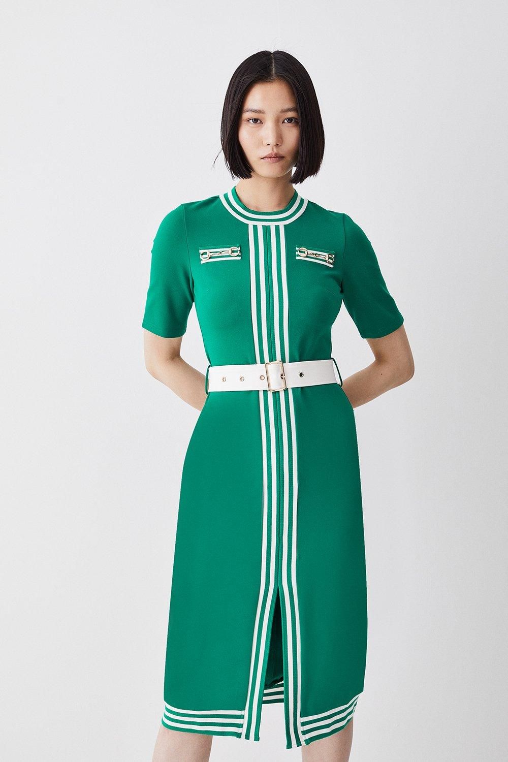 Short Sleeve Contrast Belted Short Sleeve Ponte Midi Dress | Karen Millen US
