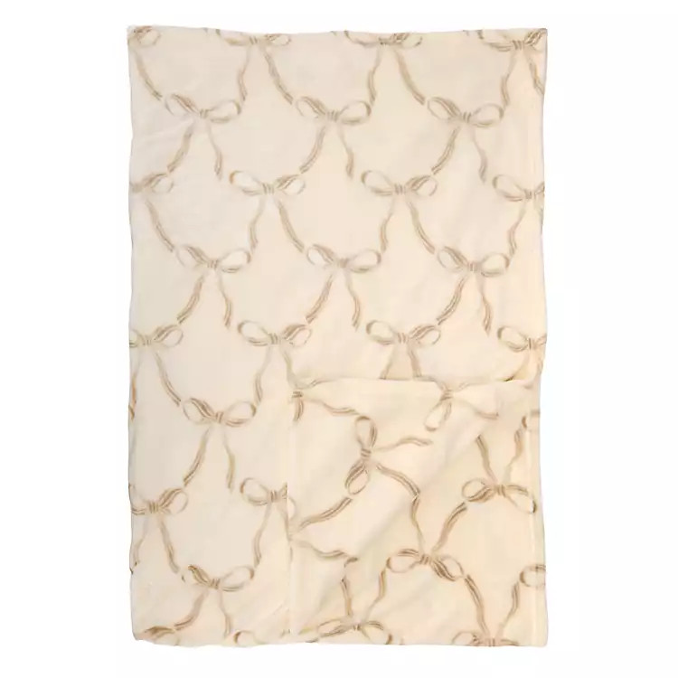 New! Tan and White Flowy Bows Plush Throw | Kirklands
