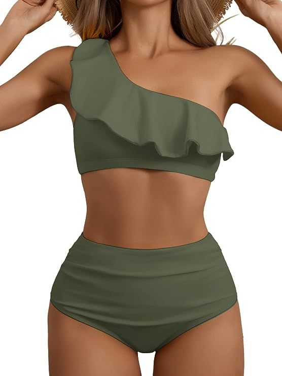 Eomenie Women One Shoulder Ruffle Two Piece Swimsuits High Waisted Tummy Control Bikini Sets 2 Pi... | Amazon (US)