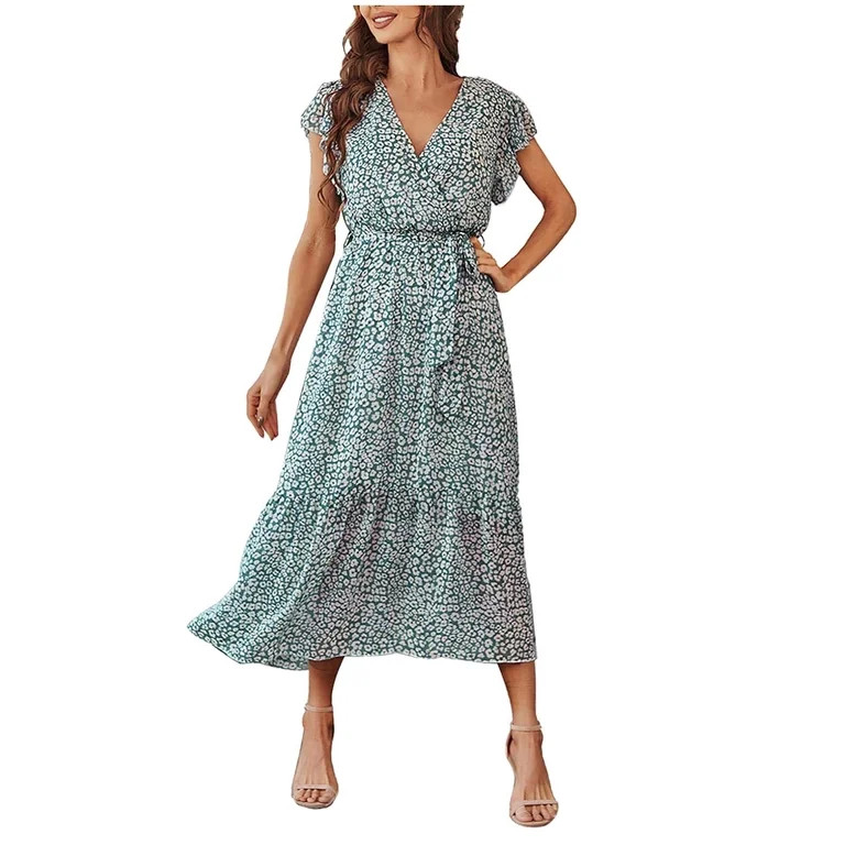 YWDJ Womens Dresses Casual Midi Length ’s Dresses Short Sleeve V-Neck Ruffle Floral Printed Mid... | Walmart (US)