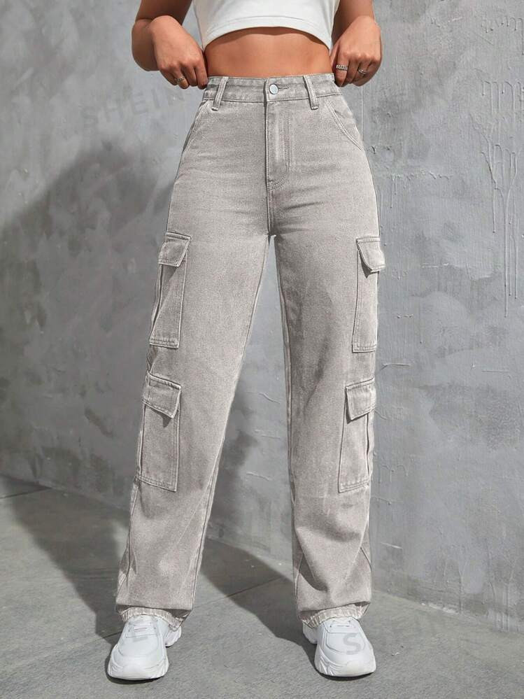 SHEIN Tall Zipper Fly Cargo Denim Pants | SHEIN
