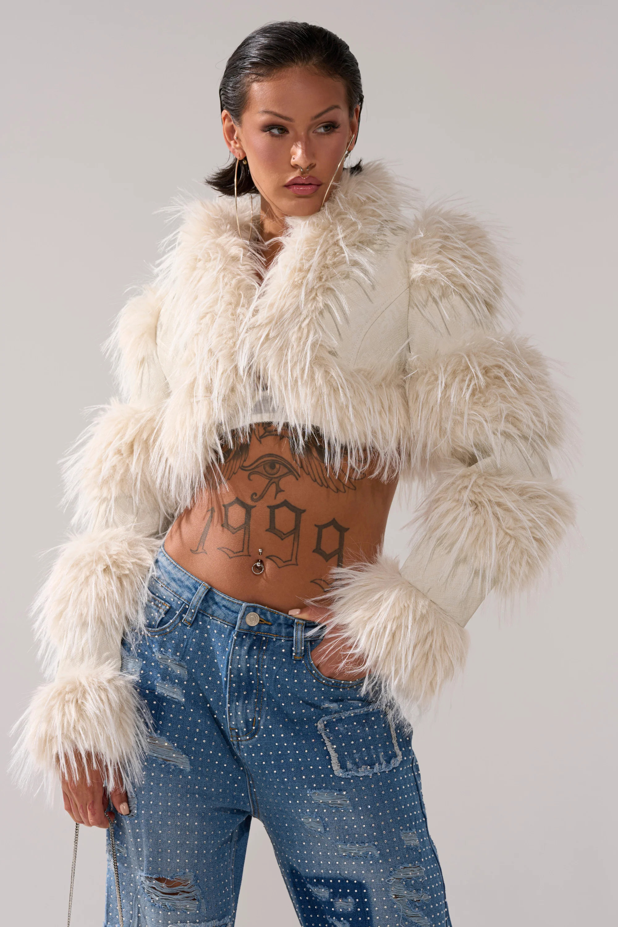 LOVERGIRL ULTRA CROP FUR TRIM MOTO IN IVORY | AKIRA