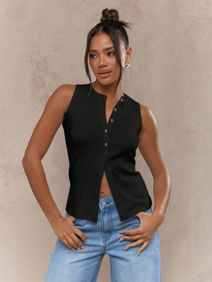 MISSGUIDED Sleek Button Down Tank Vest Split Hem Sleeveless Office Workwear Business Casual Summe... | SHEIN
