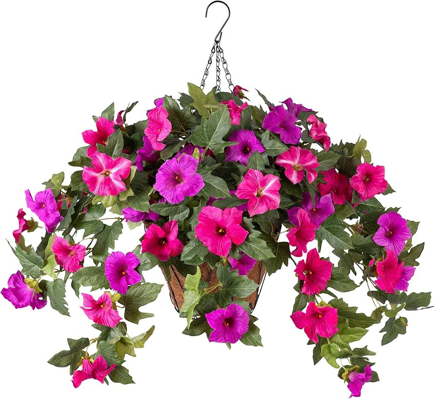 Artificial Petunia Flowers with Hanging Basket for Outdoors, 3 Pcs Fake Hanging Flowers UV Resist... | Amazon (US)
