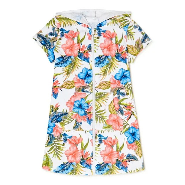 Wonder Nation Girls Front Zip Hooded Terry Swimsuit Coverup, 4-8 & Plus - Walmart.com | Walmart (US)