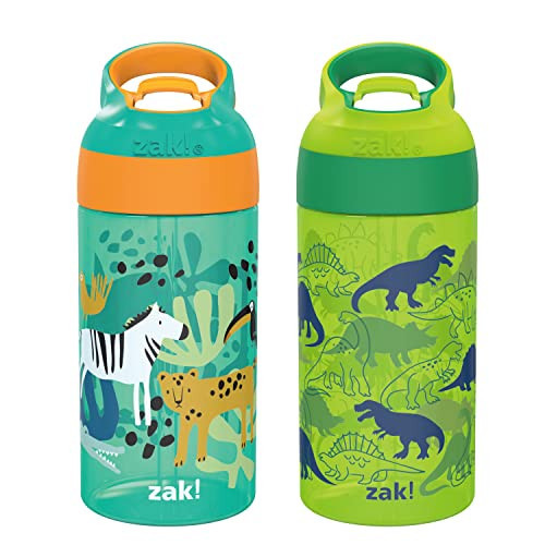 Zak Designs 16oz Riverside Kids Water Bottle with Spout Cover and Built-in Carrying Loop, Made of Durable Plastic, Leak-Proof Water Bottle Design for Travel (Dino Camo & Safari, Pack of 2) | Amazon (US)