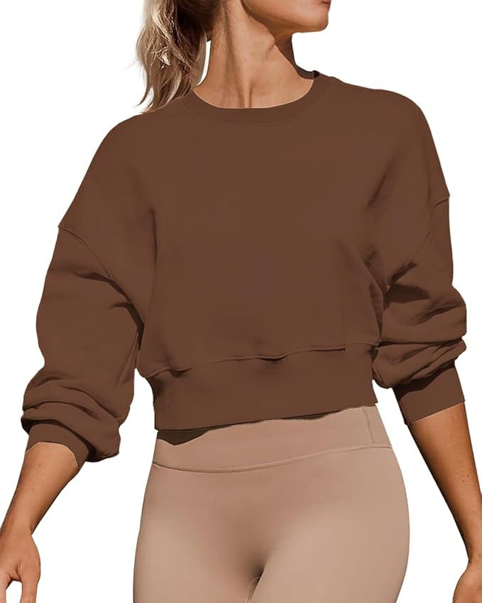 Women's Long Sleeve Round Neck Cropped Sweatshirts Cute Loose Fit Pullover Tops | Amazon (US)