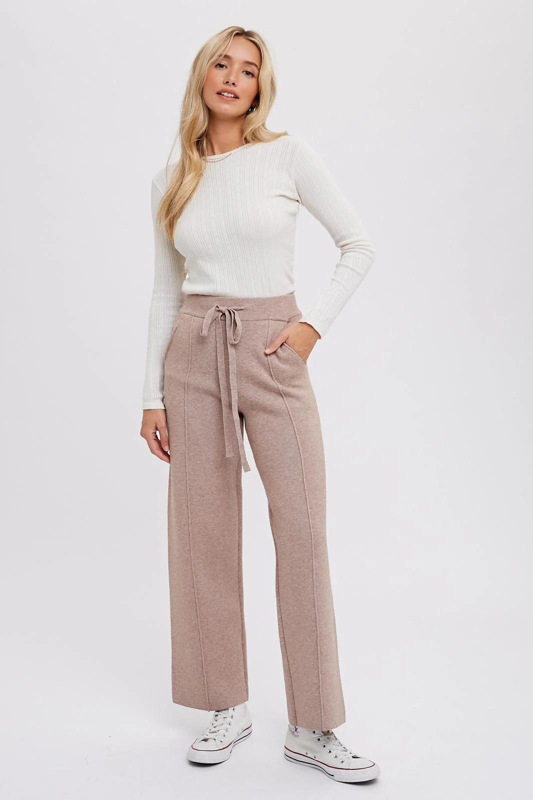 Taupe Front Seam Sweater Knit Drawstring Pants | PinkBlush Maternity