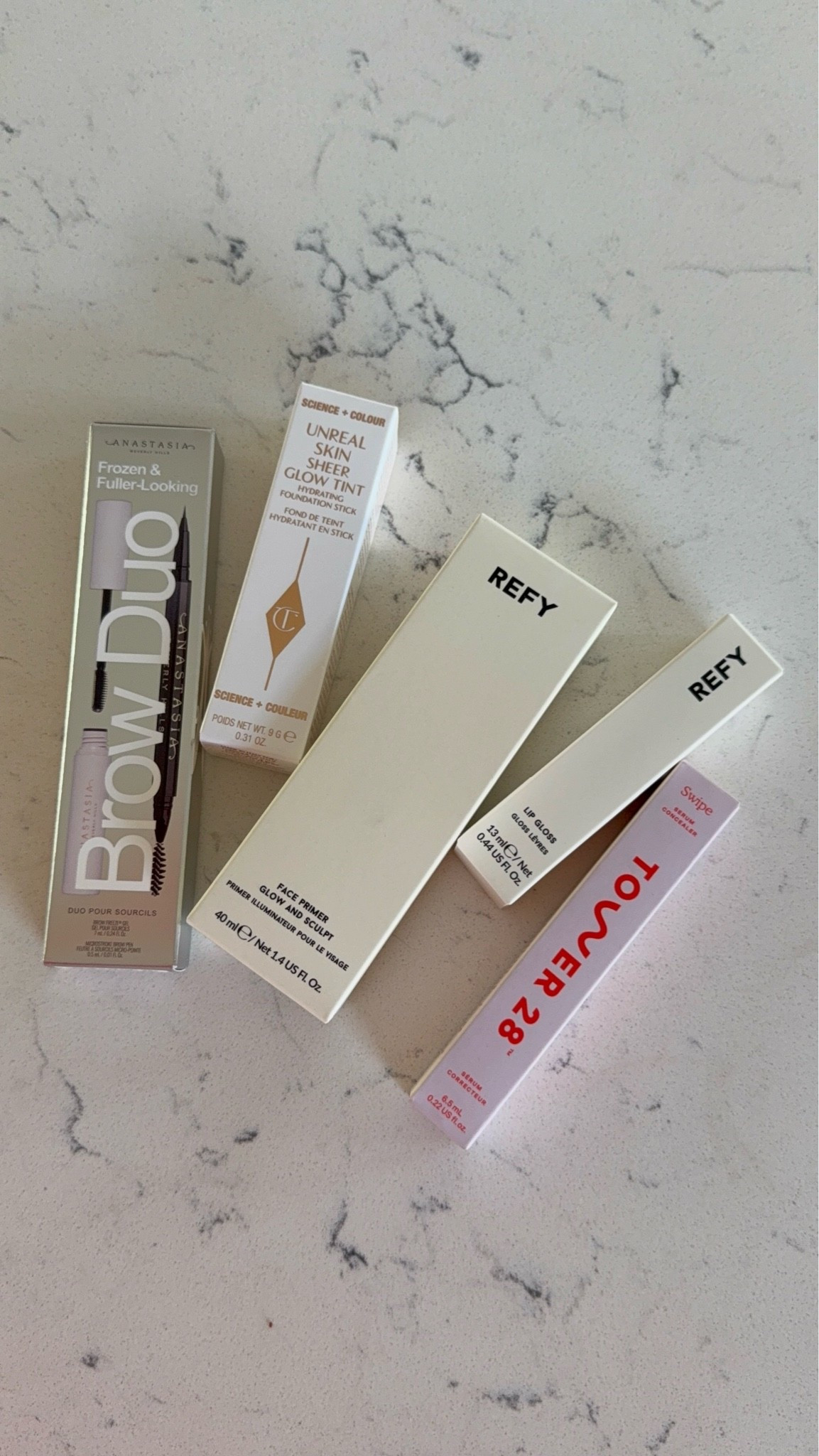 Anastasia brow duo - dark brown
Refy primer - clear
Refy gloss - clear
Tower 28 concealer - 9.0 MDR
CT skin tint - 9 tan

#LTKBeauty #LTKselfcare
