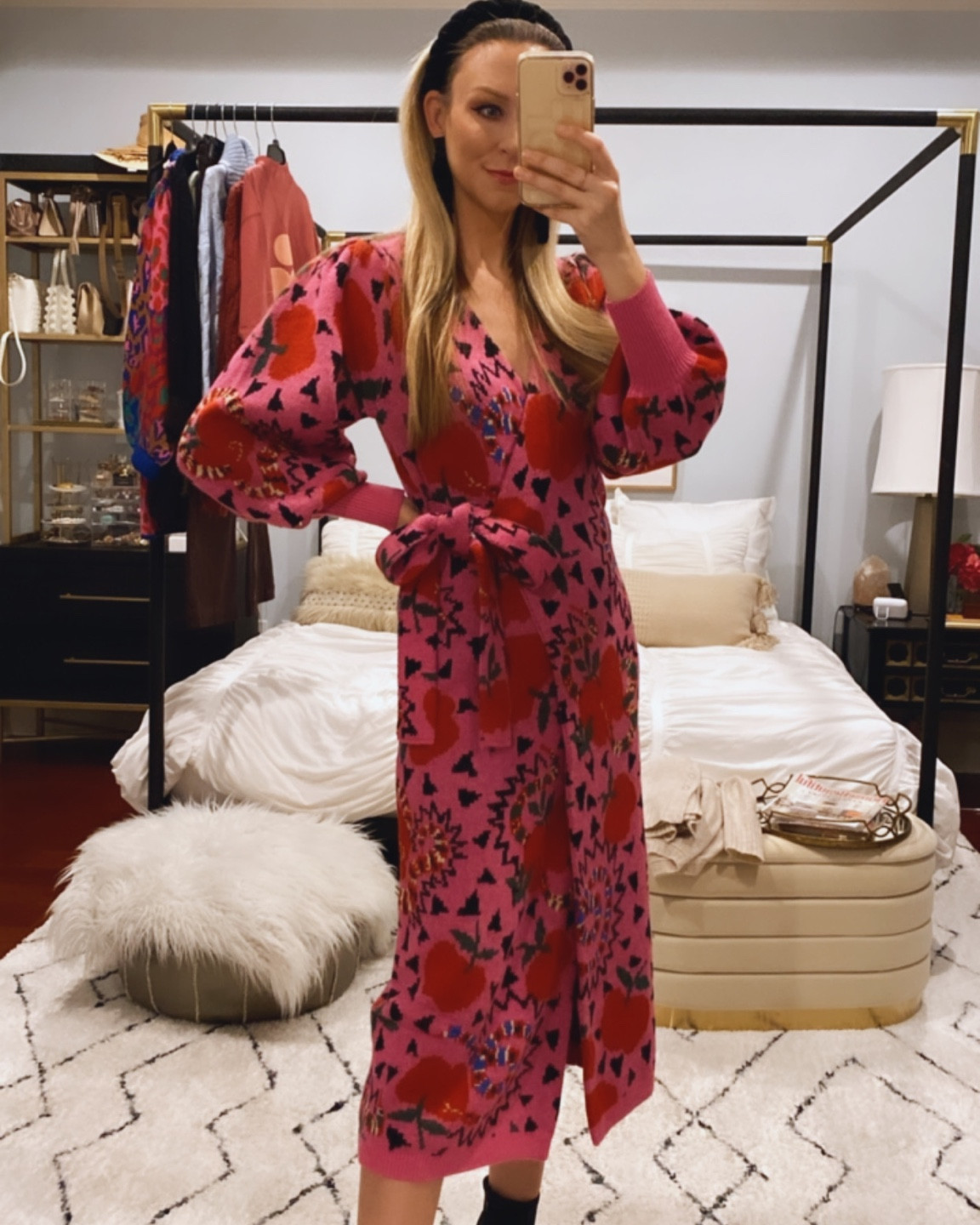 Hot pink Farm Rio sweater dress, wrap dress, wearing the small