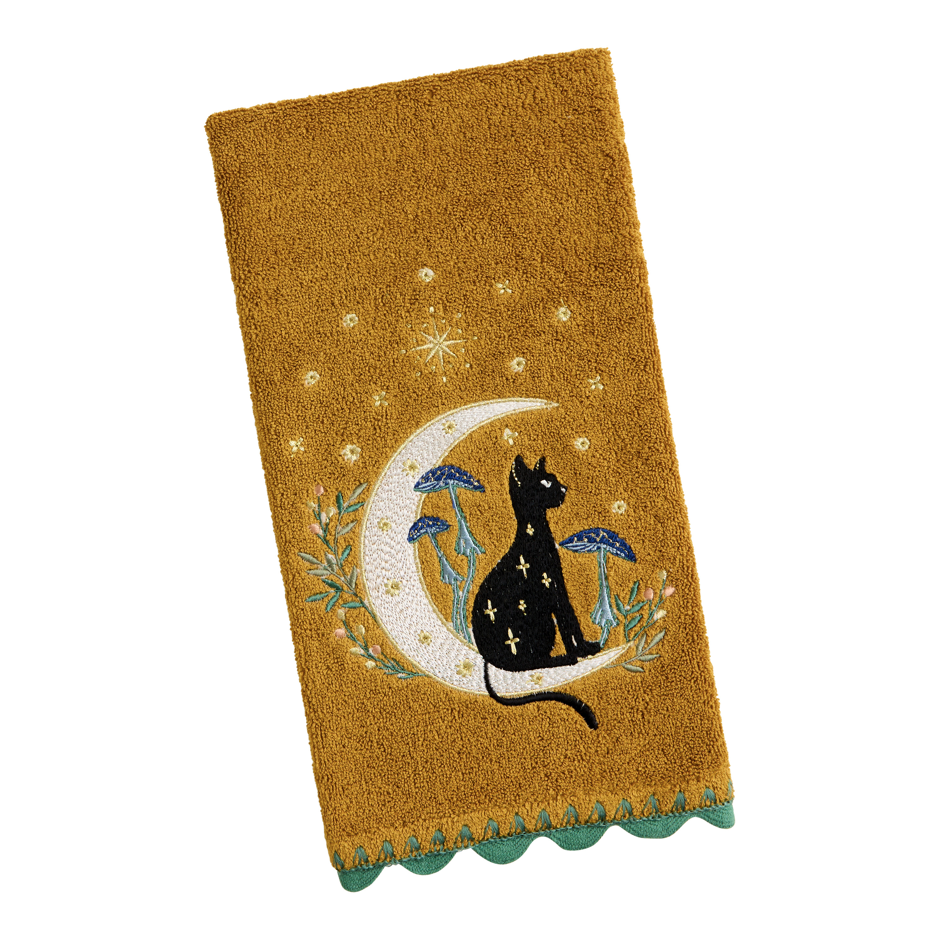 Mustard Mystic Cat Embroidered Terry Hand Towel | World Market