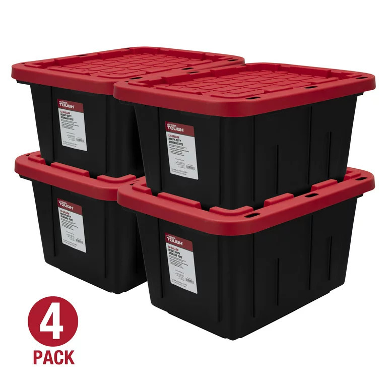 Hyper Tough 12 Gallon Snap Lid Storage Bin Container, Black with Red Lid, Set of 4 - Walmart.com | Walmart (US)