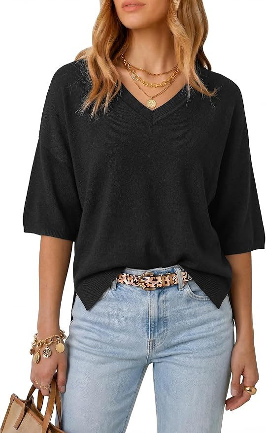 Arach&Cloz Women's Wool Blend Elbow Sleeve Summer Oversized Casual Sweater | Amazon (US)