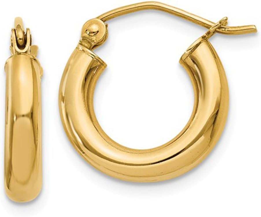 14K Yellow Gold Classic Real Hoop Earrings, (3mm Thick Tube) | Amazon (US)