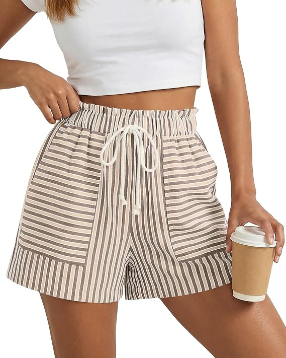BTFBM Striped Summer Shorts for Women 2026 Loose Spring Casual Elastic Waist Lounge Resort Wear V... | Amazon (US)