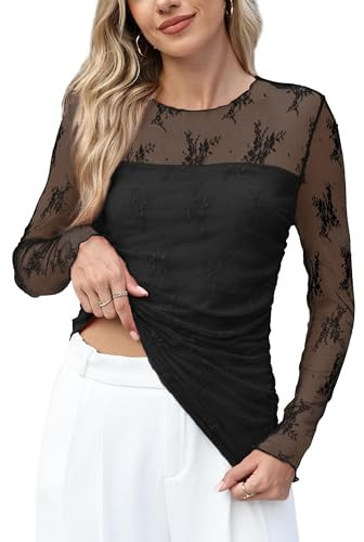 XIEERDUO Lace Long Sleeve Tops for Women Black Mesh Top Black Date Night Outfits for Women XS | Amazon (US)