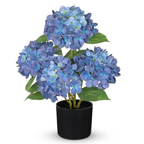 Hollyone Navy Blue Hydrangea Artificial Flowers in Pots 19.7" Four-Head Faux Silk Hydranges Flower Arrangements for Indoor Home Office Kitchen Table Centerpieces Wedding Decorations | Amazon (US)