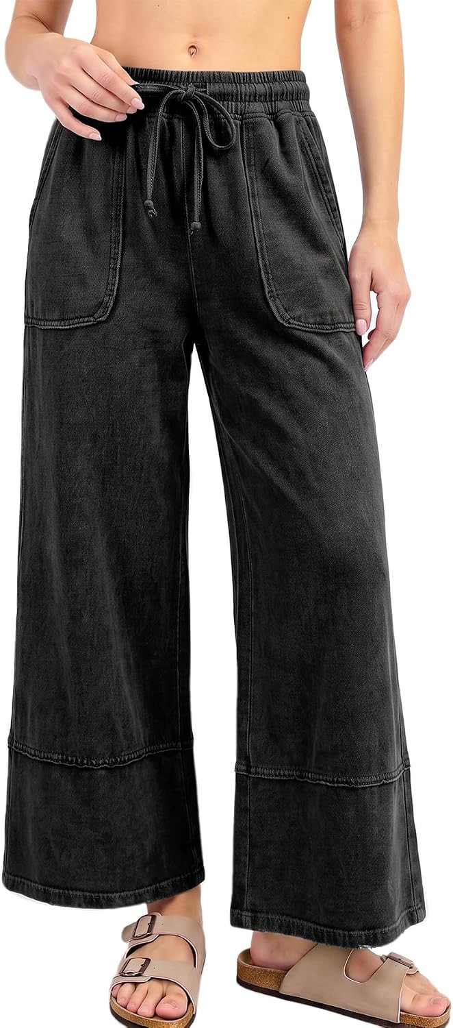 Womens Wide Leg Cotton Pants High Waisted Palazzo Pants Acid Wash Cropped Lounge Pants | Amazon (US)