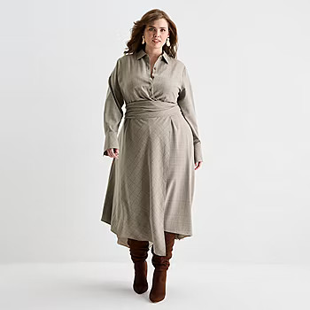Ashley Graham Womens Plus Long Sleeve Plaid Shirt Dress, Color: Grey Plaid - JCPenney | JCPenney