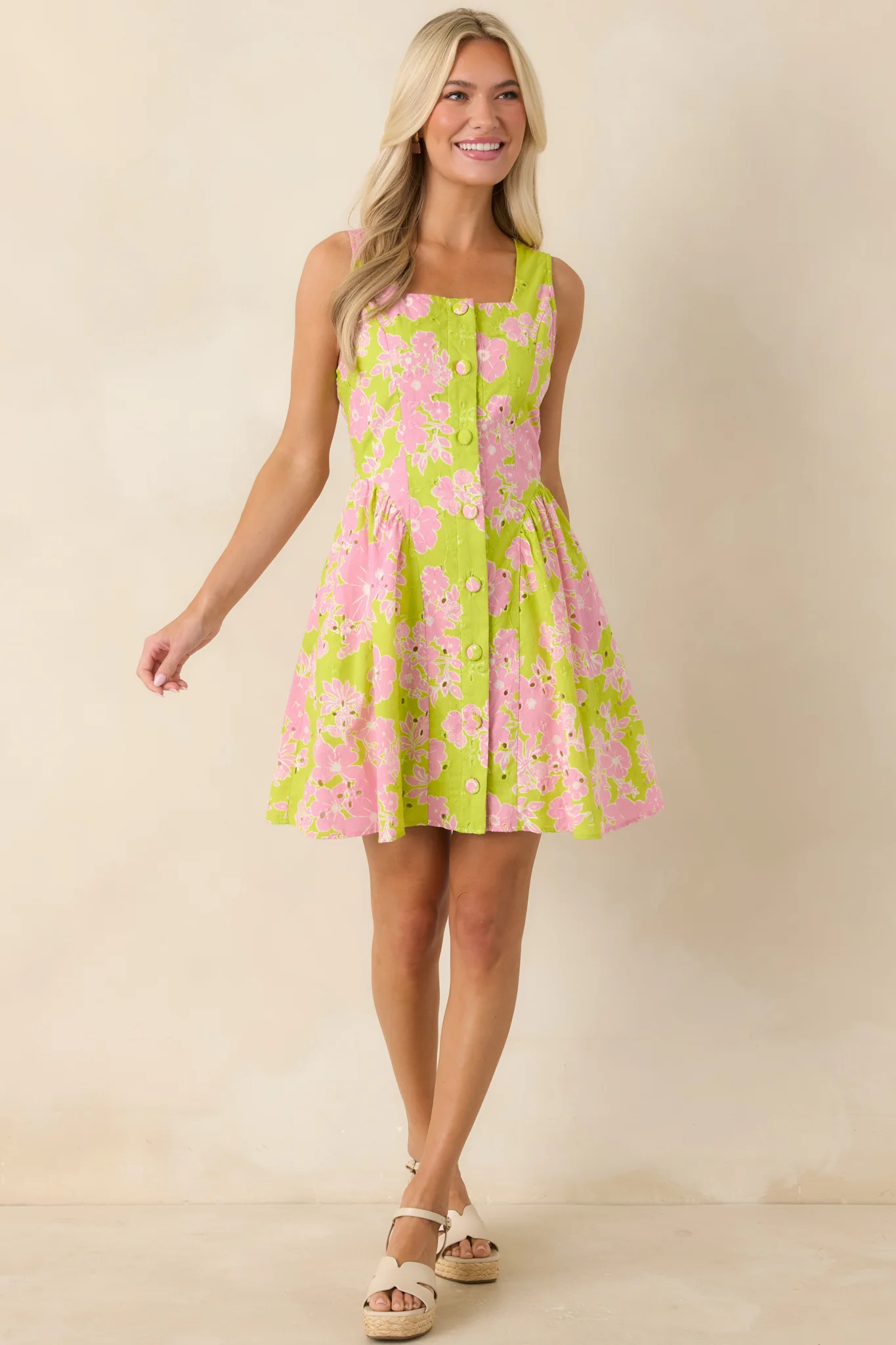 Here She Comes Chartreuse & Pink Cotton Floral Eyelet Mini Dress | Red Dress