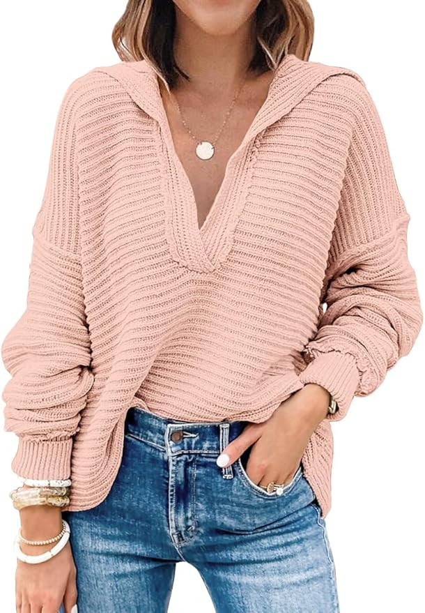 LILLUSORY Women's V Neck Oversized Sweaters Long Batwing Sleeve Collared Asymmetrical Hem Knit Pu... | Amazon (US)