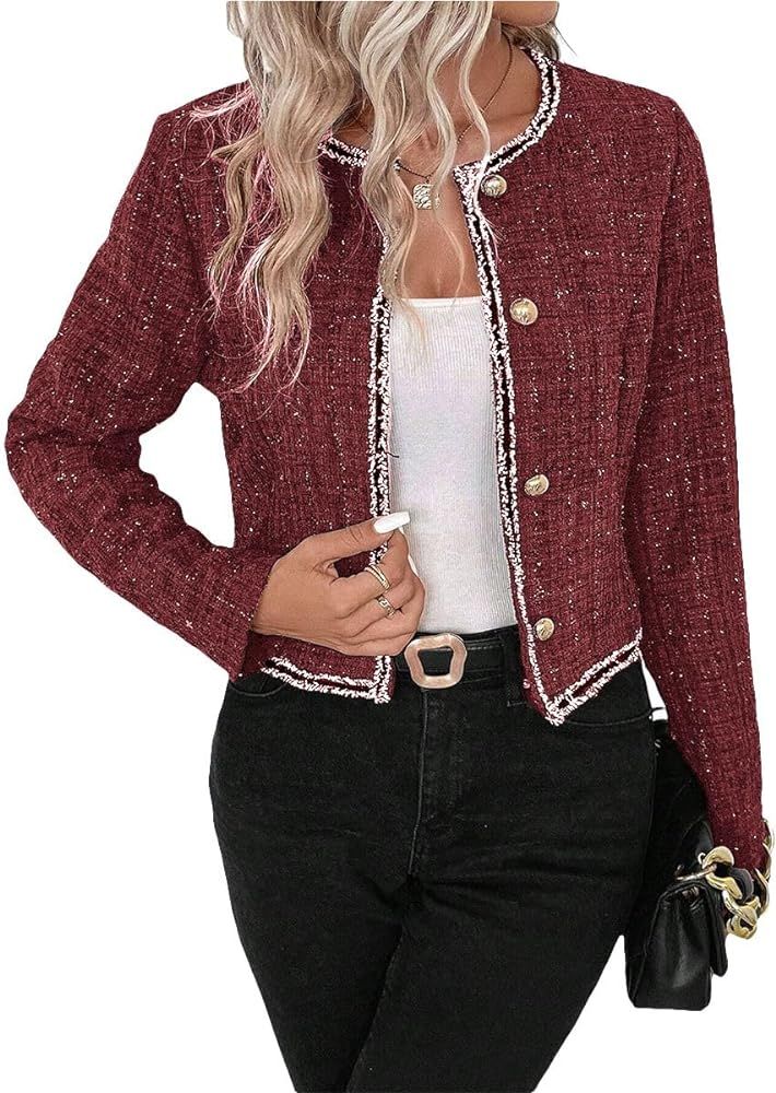 Womens Sequin Cropped Tweed Blazer Open Front Collarless Long Sleeve Work Office Jackets | Amazon (US)