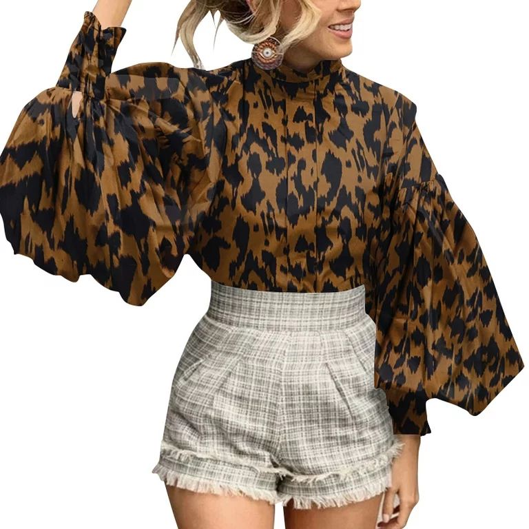 Celmia Women Leopard Print Stand Up Collar Pleated Lantern Sleeve Shirt | Walmart (US)