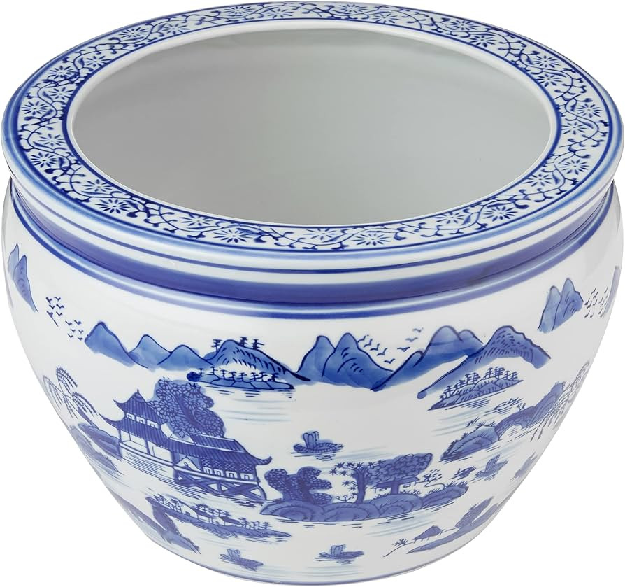 Oriental Furniture 12" Landscape Blue & White Porcelain Fishbowl | Amazon (US)