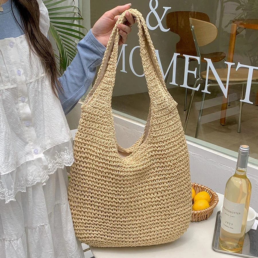 Women's Straw Shoulder Beach Bag, Beige - Walmart.com | Walmart (US)